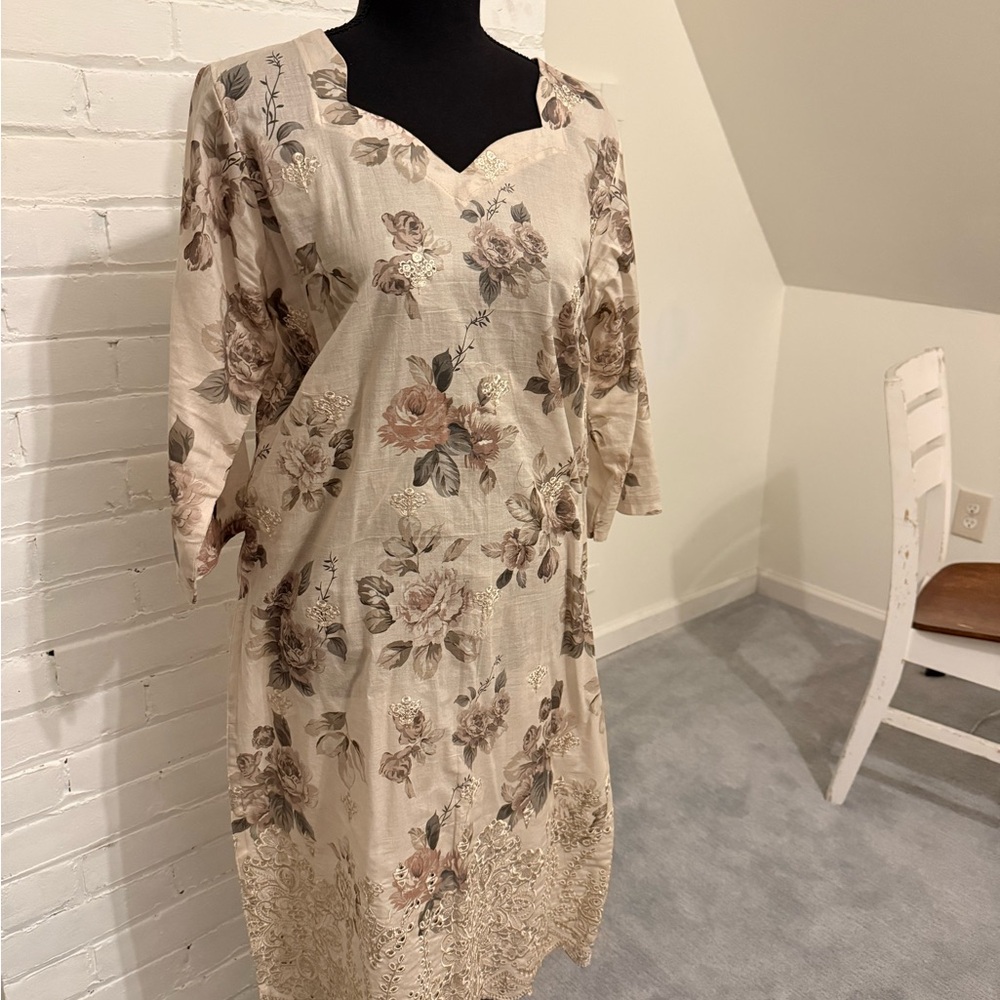 Floral Beige Dress with Lace Details